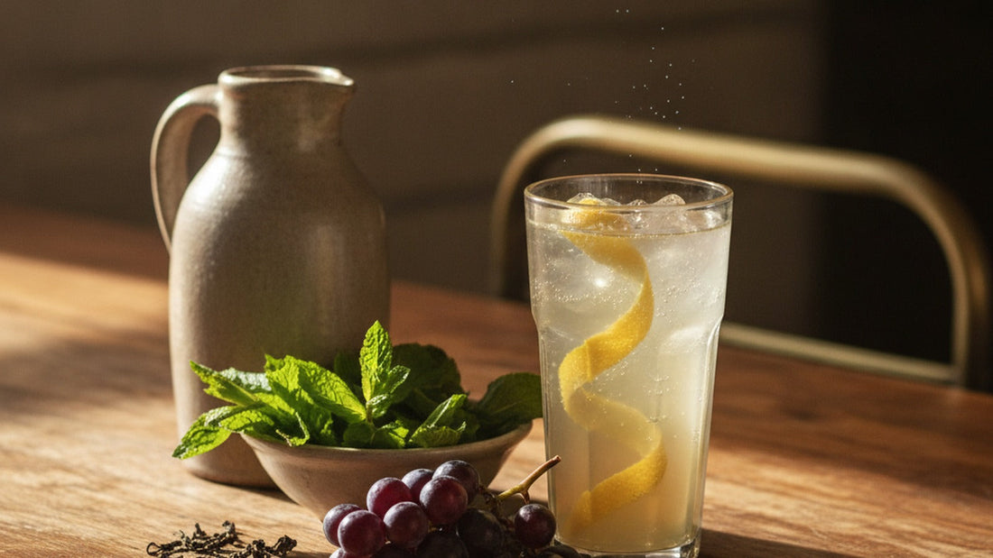 A tall glass of sparkling iced tea with a strip of lemon peel beside a stoneware jug, a bowl of fresh mint and a bunch of dark grapes on a worn wooden bar top