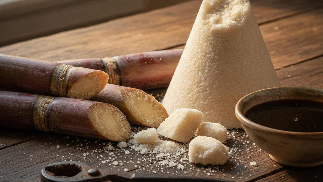 Cut sugarcane stalks beside a broken cone of pale sugar and a scatter of coarse crystals on a worn wooden table