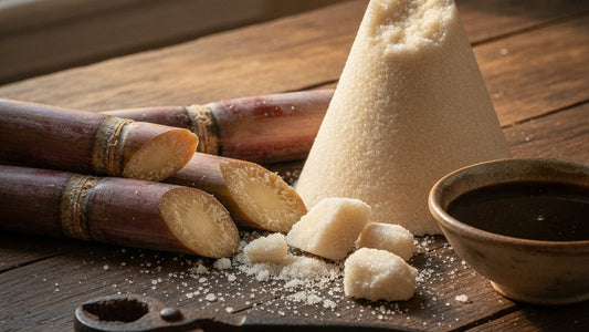 Cut sugarcane stalks beside a broken cone of pale sugar and a scatter of coarse crystals on a worn wooden table