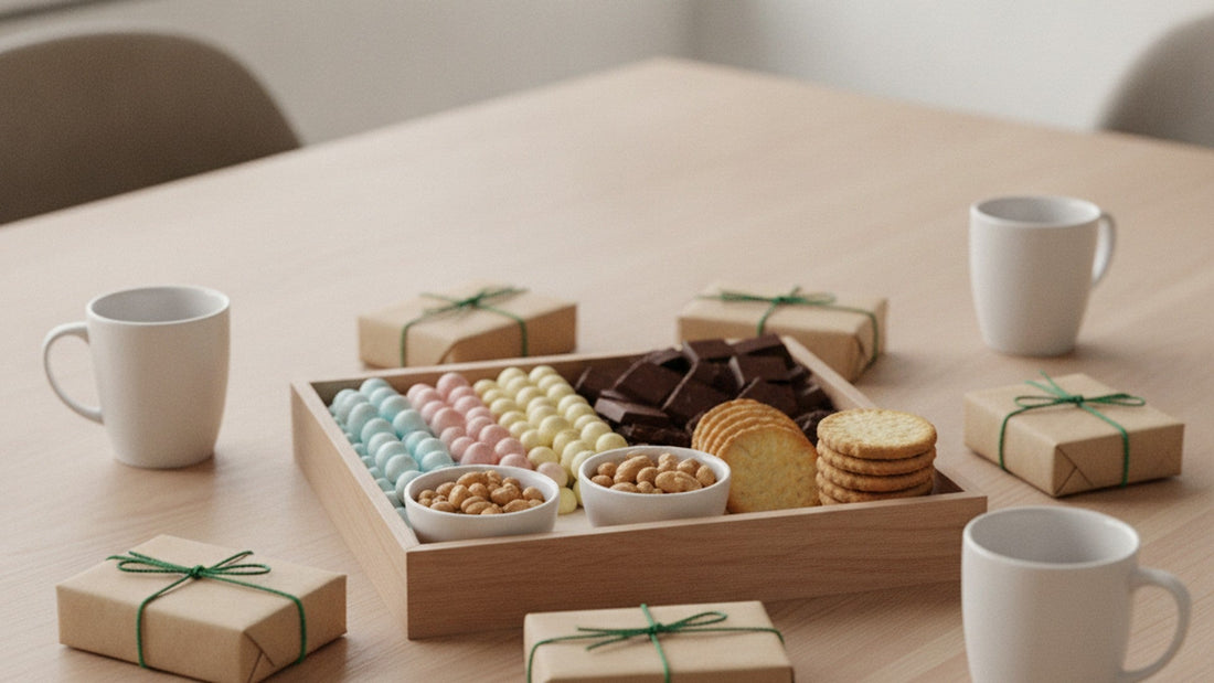 A long office table with an open wooden box of chocolates, licorice and shortbread, several small paper-wrapped gifts with string, and coffee mugs