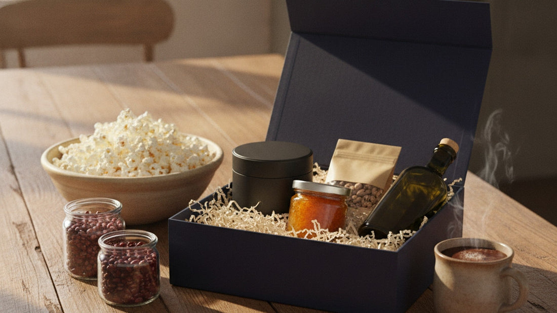 An open navy gift box holding a black canister, a jar of orange marmalade, a kraft bag of beans and a bottle of olive oil, beside a bowl of popcorn, two small jars of red beans and a mug of hot chocolate on a wooden table