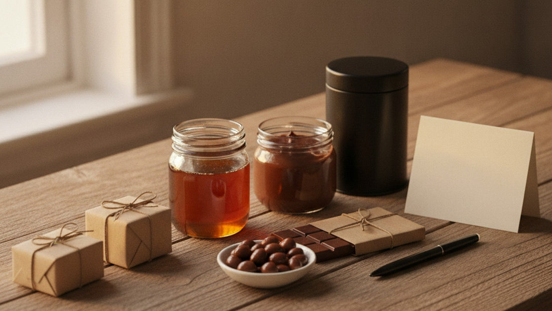 Two small gifts in kraft paper tied with twine, a jar of honey, a jar of chocolate hazelnut spread, a black tea canister, a chocolate bar in a kraft sleeve tied with twine, a bowl of chocolate-covered nuts, a blank card and a pen on a wooden table