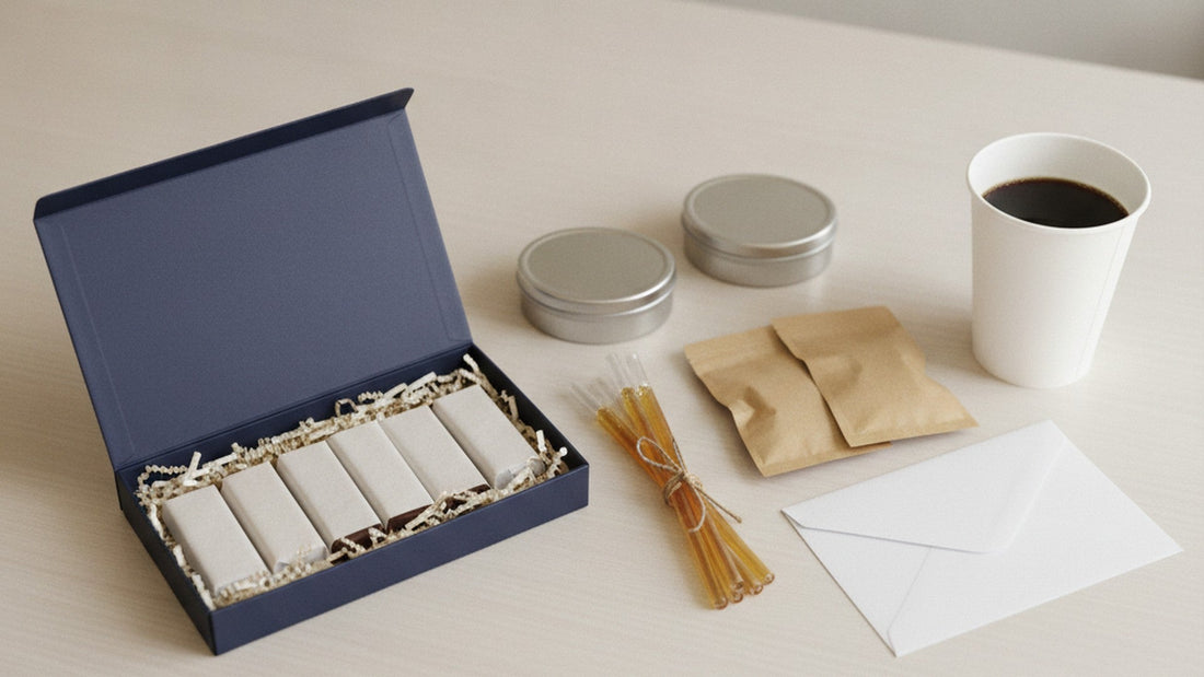 An open navy gift box of paper-wrapped chocolate bars, two round silver tins, a bundle of honey straws tied with twine, two kraft snack pouches, a white envelope and a paper cup of coffee on a light table