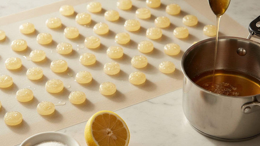 Clear pale-yellow lemon drops cooling in rows on a silicone mat, a spoon lifting a thread of hot syrup from a small saucepan beside them