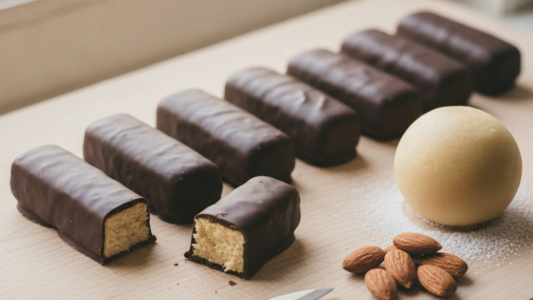 Dark chocolate-dipped marzipan bars on a wooden board, one broken open to show the pale almond interior, beside a smooth ball of fresh marzipan and a scatter of blanched almonds