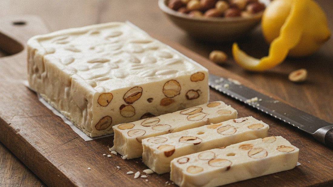 A slab of white honey torrone studded with whole almonds and hazelnuts, cut into bars on a wooden board, the cut faces showing dense ivory nougat between thin wafer layers