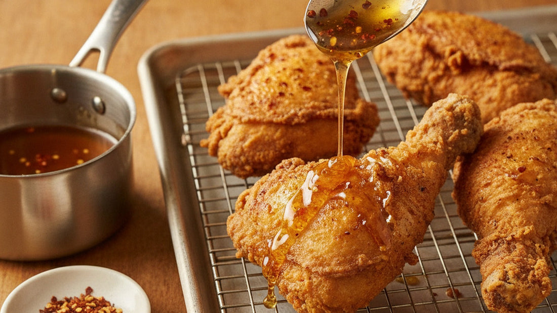 Craggy golden fried chicken pieces on a wire rack, a spoon drizzling chile-flecked honey over the crust, a small pot of hot honey and a dish of chile flakes beside them