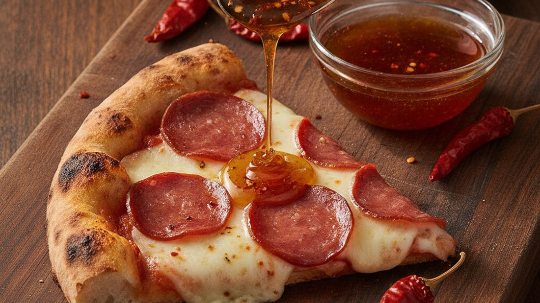 Chile-flecked hot honey drizzling from a spoon onto a slice of salami pizza with a charred crust, beside a bowl of hot honey and dried red chiles.