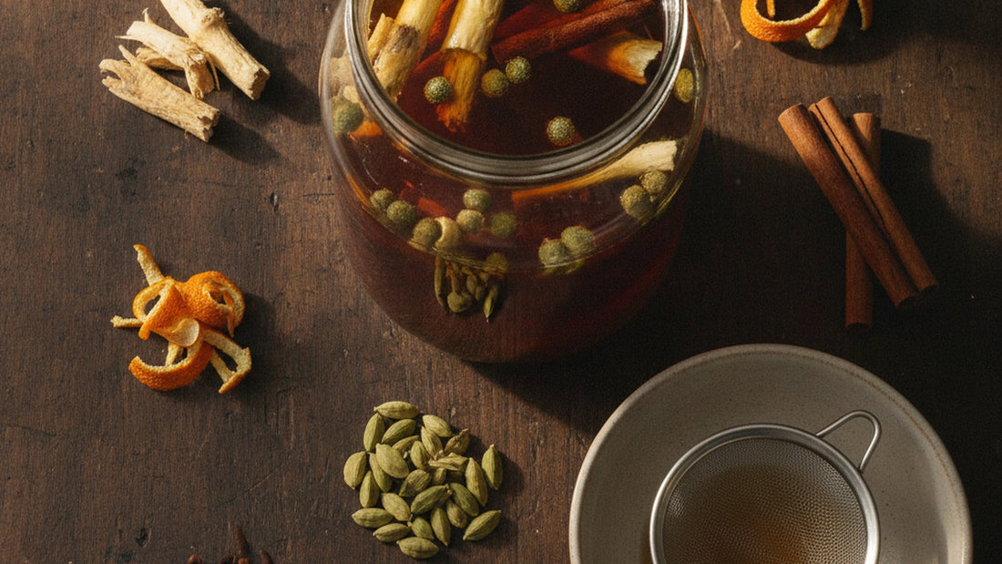 A glass jar of deep amber liquid with roots and barks steeping inside, beside small piles of dried gentian root, orange peel curls, cinnamon sticks, cardamom pods and cloves on a dark wood workbench