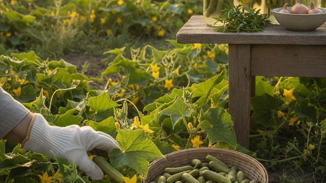 A gloved hand picking a tiny cornichon from a low sprawling cucumber vine with yellow flowers, a basket of fingernail-sized gherkins beside it, and jars of cornichons in vinegar brine with tarragon on a table in the background