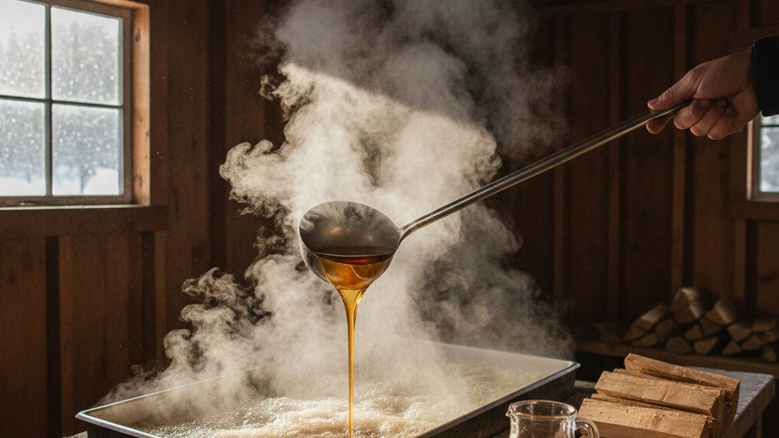 Steam rising from a shallow steel pan of boiling maple sap, with a ladle pouring amber syrup off its edge in a sheet