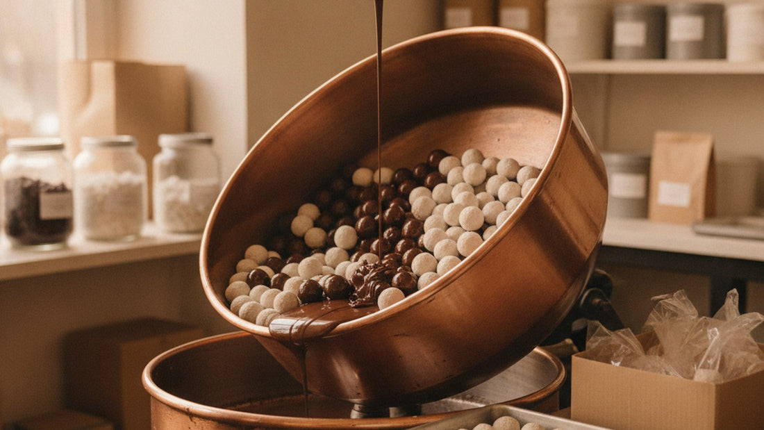 A copper panning drum tilted and turning with hundreds of glossy half-coated balls tumbling inside, a ladle of melted chocolate poured in from above, and finished coated licorice balls in a tray beside it
