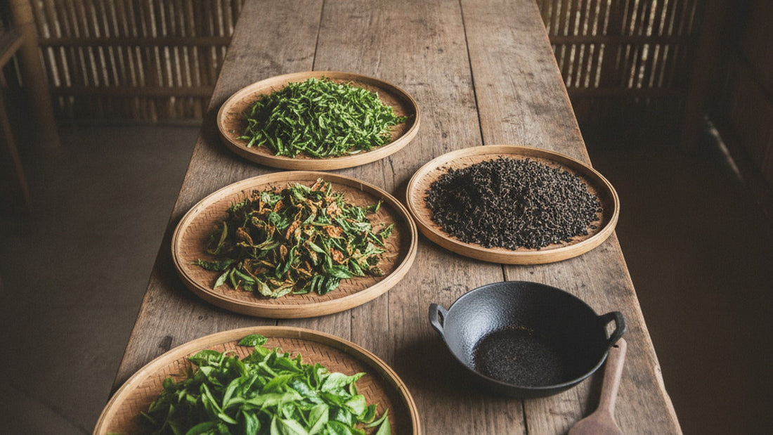 Four shallow bamboo trays in a row holding tea leaves at four stages, fresh green, wilted, bruised and browning, and fully dark, beside a small iron pan and a pile of finished rolled leaves
