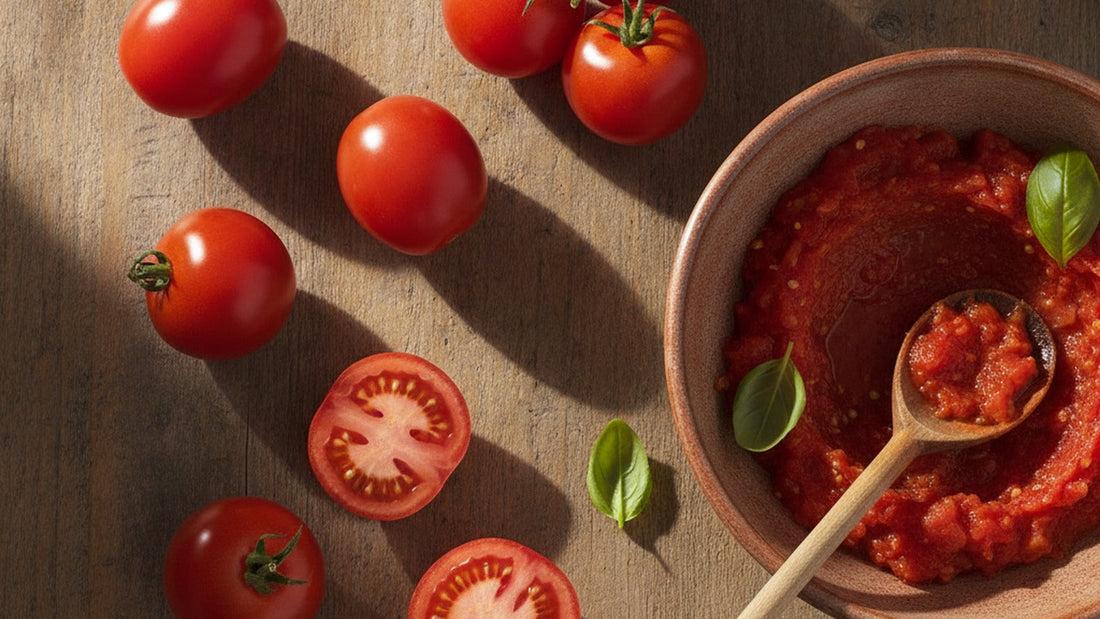 Ripe plum tomatoes, whole and halved, scattered on a weathered wood table beside a bowl of crushed tomato and loose basil leaves