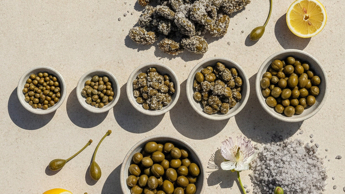 Five small bowls of capers on pale stone sorted from tiny to large, a mound of salt-crusted capers beside a bowl of brined ones, a few caperberries on their stems, a heap of coarse grey sea salt, a caper flower with purple stamens and a lemon half