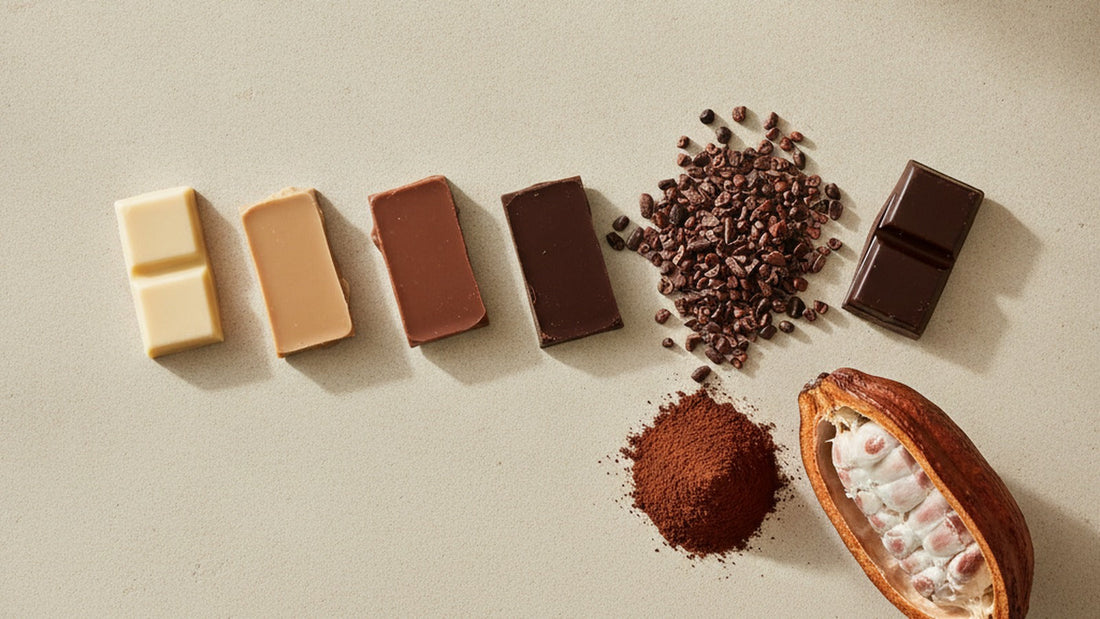 Five broken squares of chocolate shading from ivory to near-black laid in a row on pale stone, beside a scatter of roasted cacao nibs, a small mound of cocoa powder and half a split cacao pod