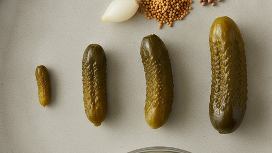Four sizes of whole cornichons laid in a row from smallest to largest on a pale stoneware plate, beside a small heap of yellow mustard seeds, a pearl onion and a sprig of tarragon