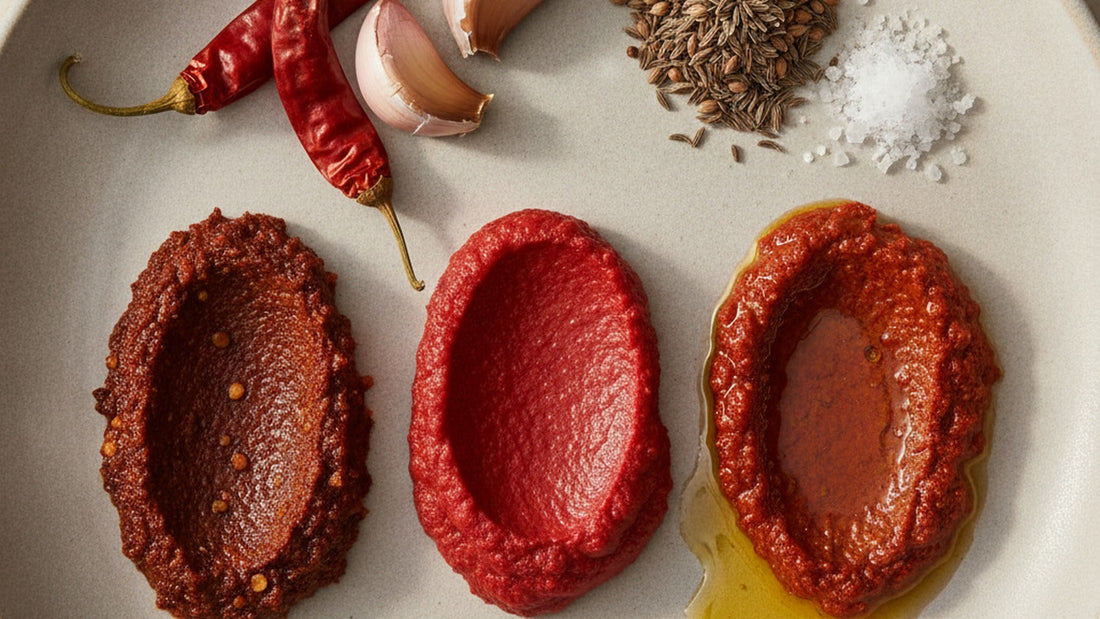Three mounds of red harissa of different textures side by side on a pale stoneware plate, one coarse and dark with visible chili flecks, one smooth and bright, one glossy with oil, beside whole dried red chilies, garlic cloves and a scatter of...