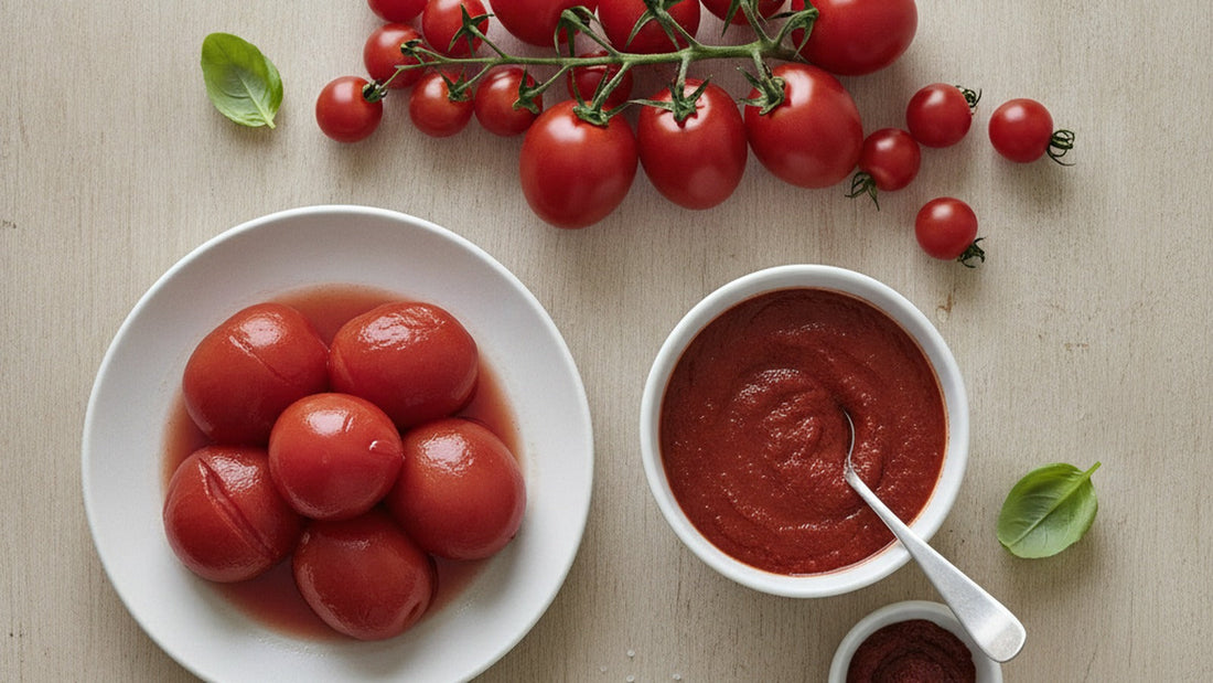 Whole peeled plum tomatoes heaped on a white plate in their red juice beside a bowl of smooth passata and a small dish of dark tomato paste, with fresh plum tomatoes on the vine, a few cherry tomatoes and torn basil on a scrubbed wooden table