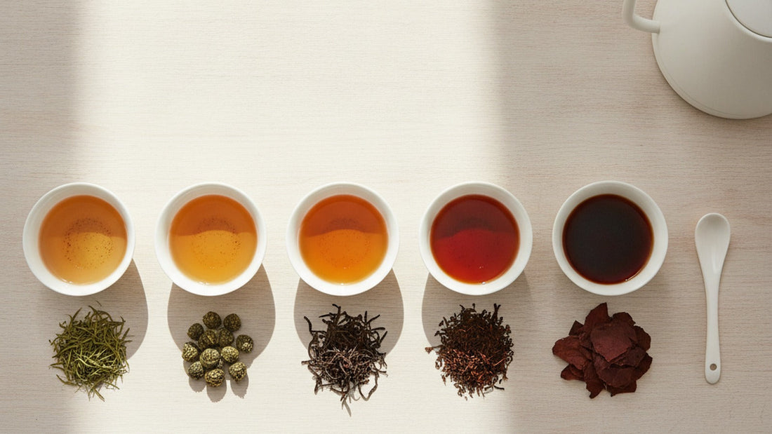 A row of five small white porcelain bowls of brewed tea shading from pale green-gold to deep red-brown, a tasting spoon resting beside them, with small piles of dry leaves in front of each bowl on a pale wooden table