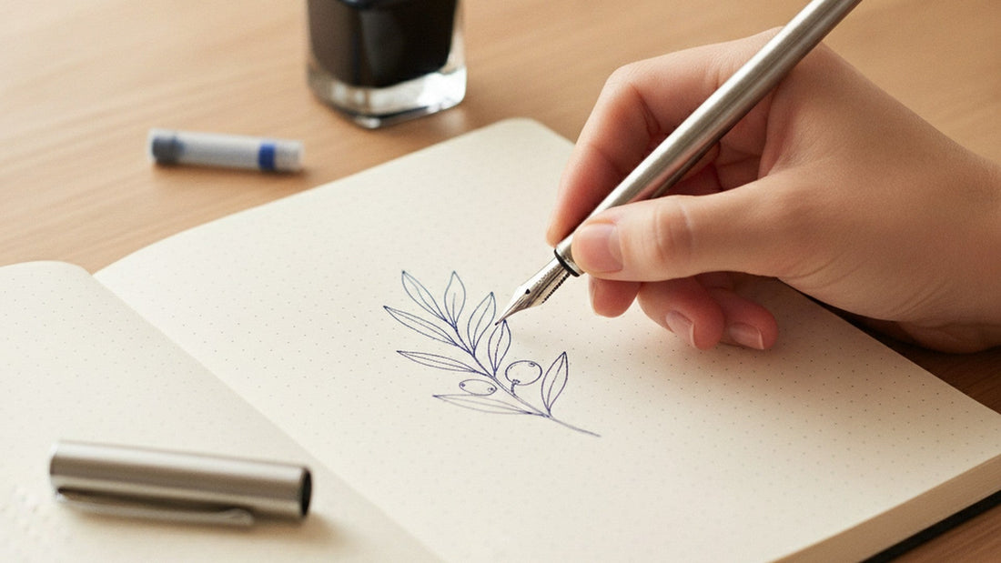 A hand sketching an olive sprig with a steel fountain pen in a dotted notebook, with the pen cap, a spare ink cartridge and a bottle of ink nearby.