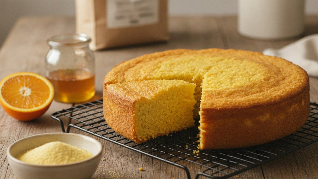 A round golden polenta cake on a wire rack with a wedge cut into it, showing the fine yellow crumb, beside a small bowl of polenta meal, a halved orange and a glass jar of honey on a wooden table, with a paper bag in the background