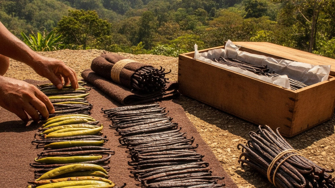 Long green vanilla pods spread on a wool blanket in the sun beside a bundle of dark, cured beans and a wooden box lined with waxed paper, on a farm terrace in Madagascar