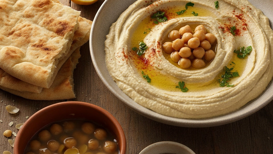 A shallow bowl of pale, swirled hummus with olive oil pooled in the grooves, whole chickpeas and paprika scattered on top, warm flatbread and lemon halves beside it
