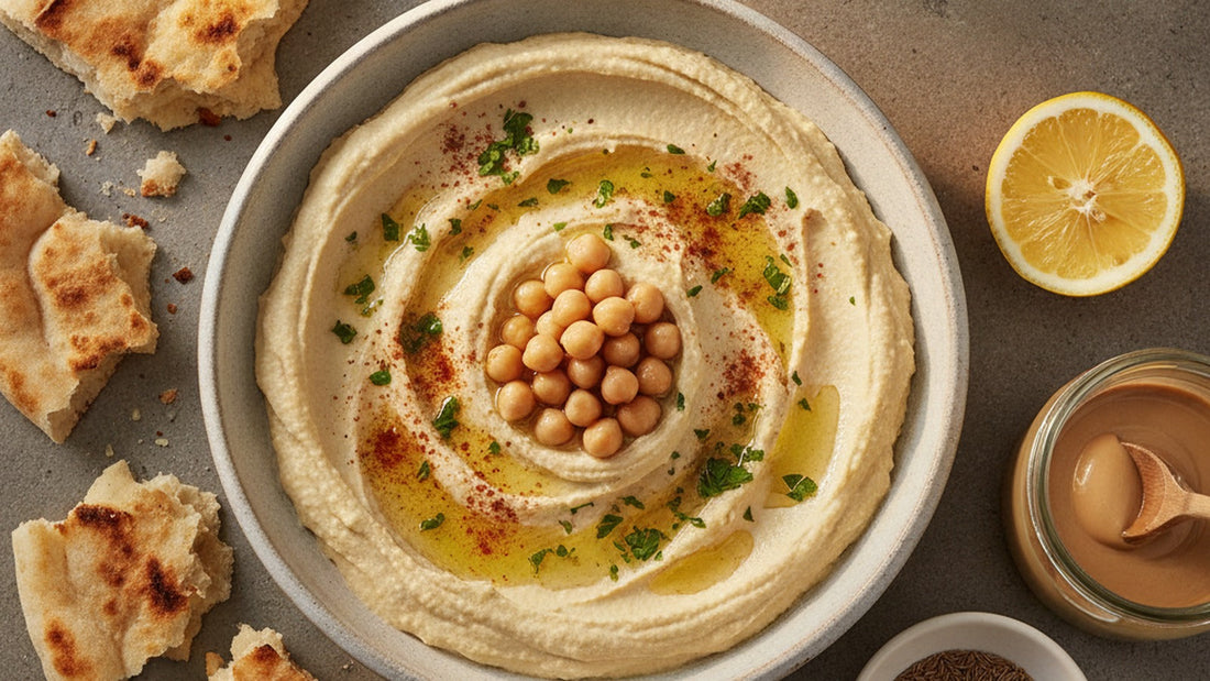 A wide shallow bowl of pale hummus swirled with the back of a spoon, olive oil pooled in the grooves, whole chickpeas and a dusting of paprika on top, warm flatbread and a lemon half beside it