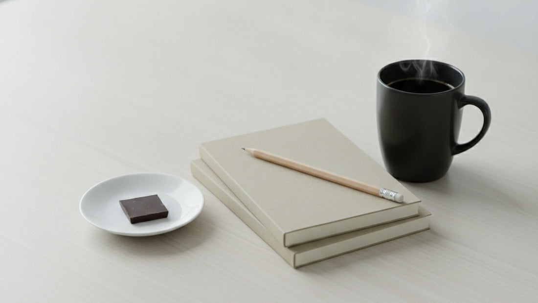 A single square of dark chocolate on a white saucer beside a stack of scientific journals and a cup of black coffee on a plain desk, in cool daylight