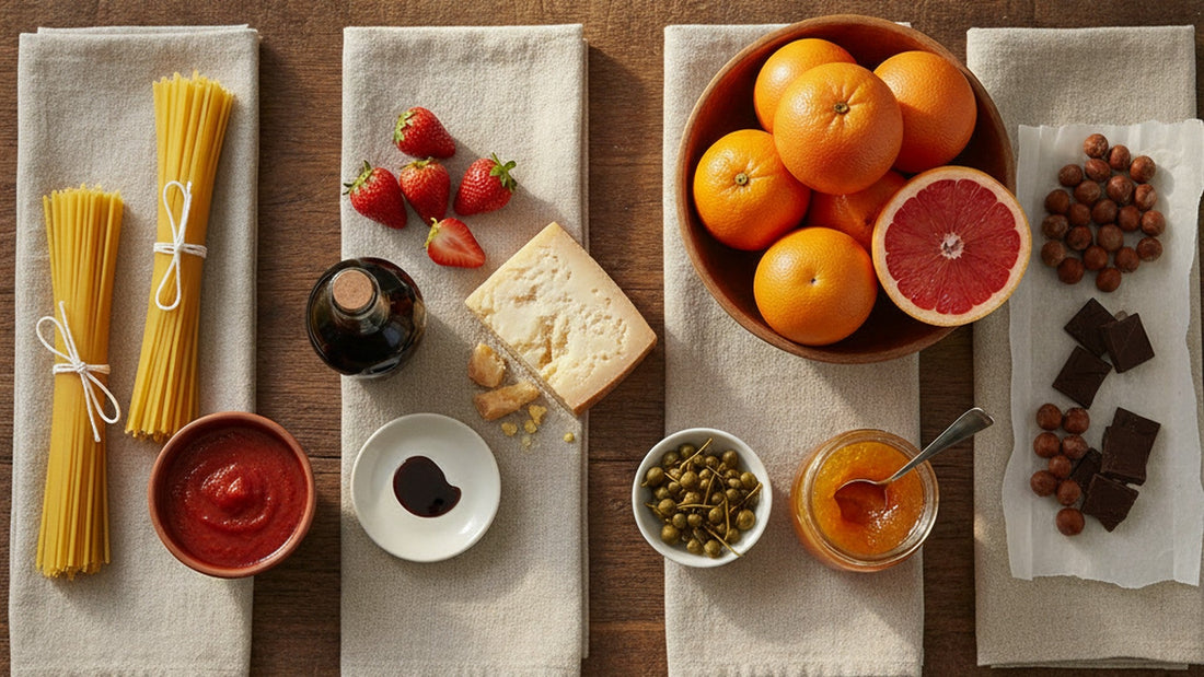 Four small groupings on a long wooden table: bundles of dried pasta, a small bottle of dark vinegar with a dish of strawberries, a bowl of oranges with a jar of marmalade, and a scatter of hazelnuts beside squares of chocolate