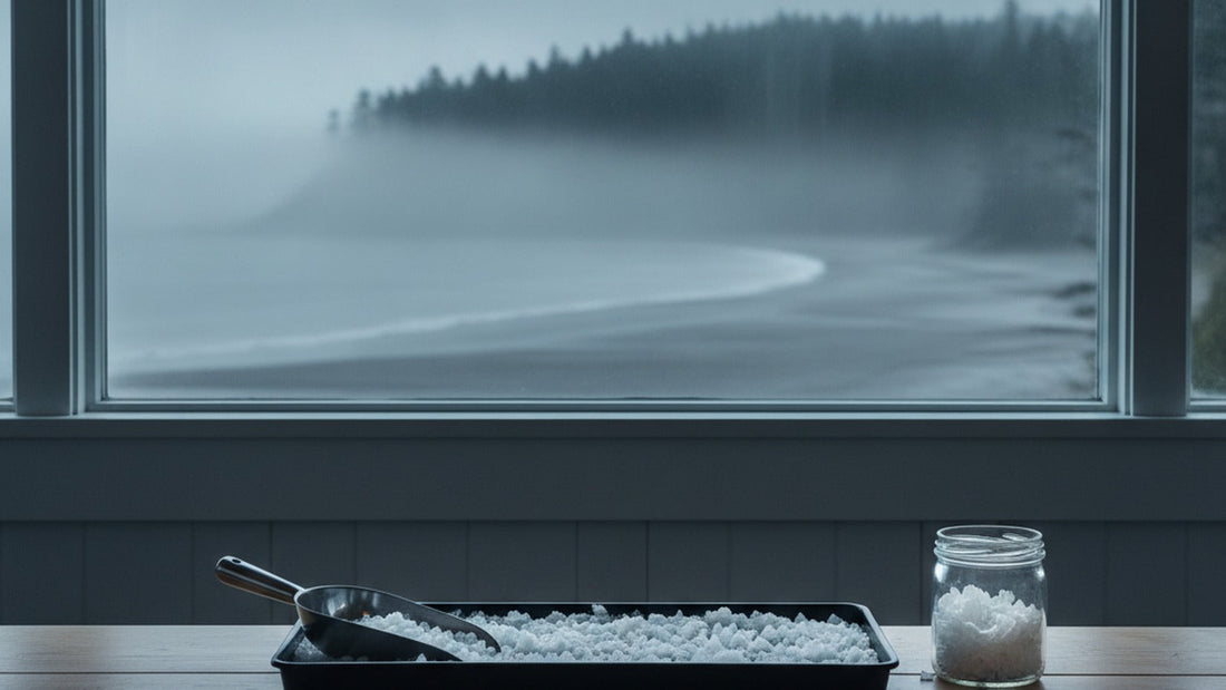 A shallow evaporation pan on a coastal saltworks bench with a thin layer of hollow pyramid flake salt crystals catching cool light, a stainless scoop resting on a wooden ledge and a plain glass jar beside it, a foggy Pacific coastline visible through...
