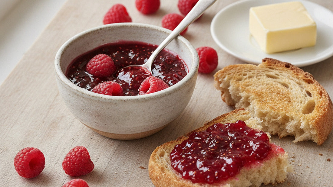 A small ceramic bowl of glossy raspberry jam with a spoon resting in it, beside torn toast and a scatter of fresh raspberries on a pale wooden board