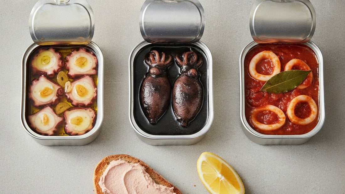 Pieces of tinned octopus in golden olive oil with sliced garlic, beside stuffed squid in black ink sauce and a small dish of octopus pâté on toast, on a pale stone surface