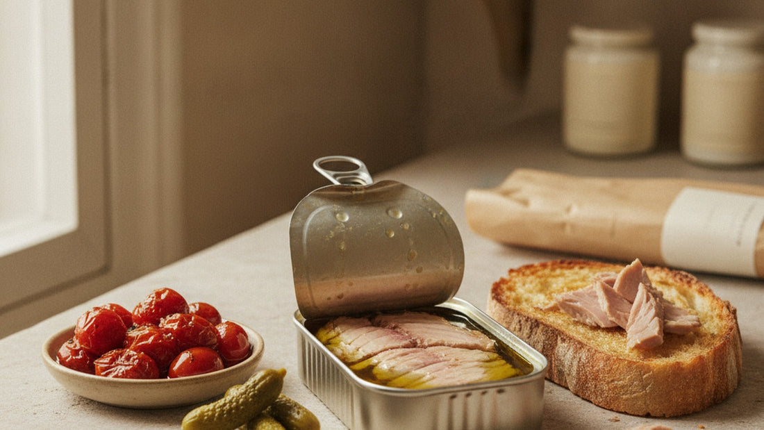 Pale pink flakes of tuna belly glistening with olive oil in an opened tin beside a slice of toasted bread and halved cherry tomatoes