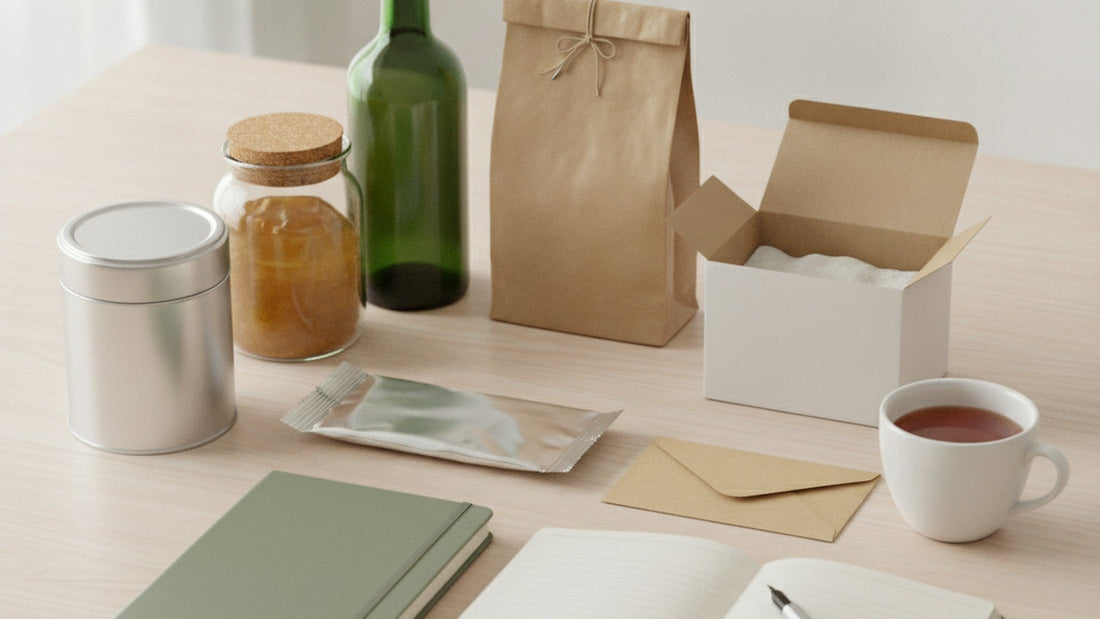 A sage green hardcover notebook and an open notebook with blank lined pages and a fountain pen, beside a kraft envelope, a cup of tea, a metal tin, a jar of spice, a green bottle, a kraft bag and a white box