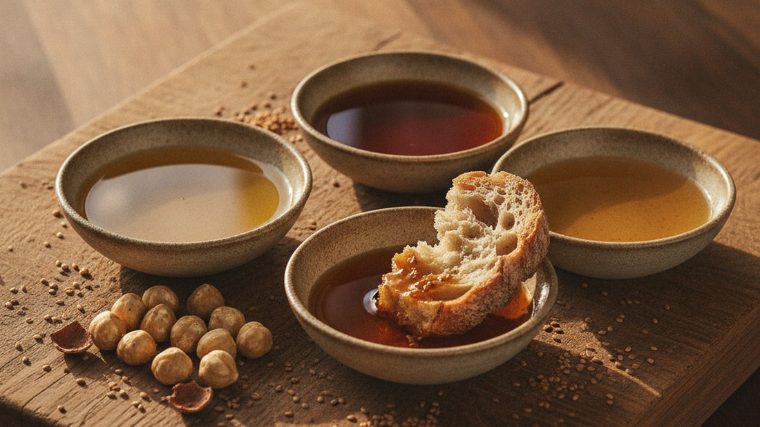 Three small dishes of oil on a wooden board, one pale gold, one deep amber, one light straw, beside roasted hazelnuts and a scatter of toasted sesame seeds