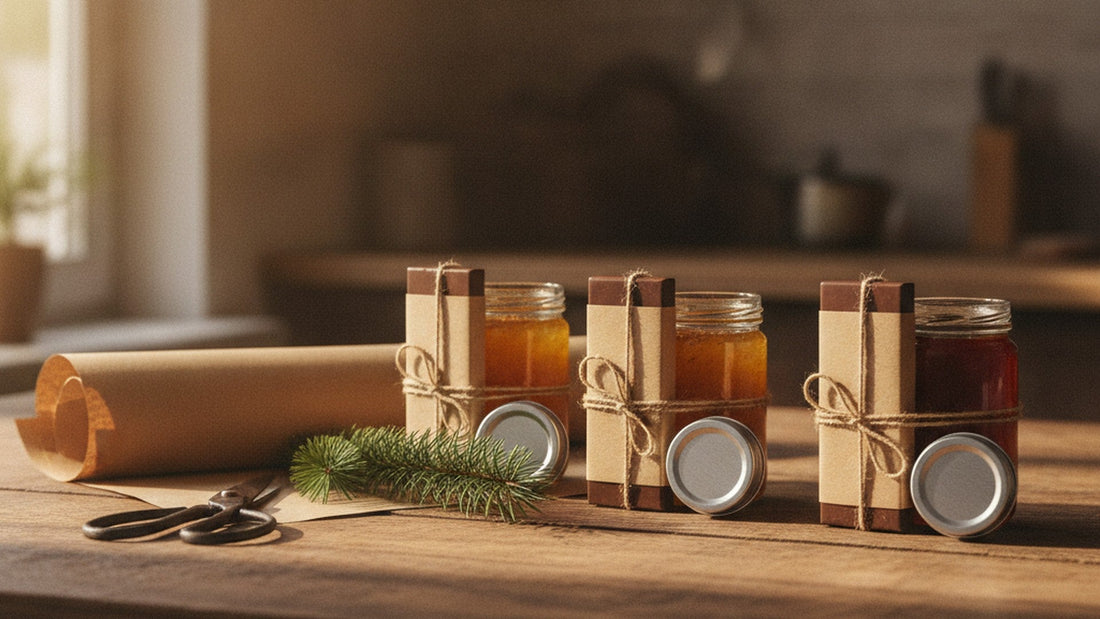 Three food gifts on a wooden kitchen table, each a jar of marmalade or honey tied with plain twine to a chocolate bar in brown paper, with a small round metal tin leaning against each, beside a roll of brown paper, scissors and a fir sprig