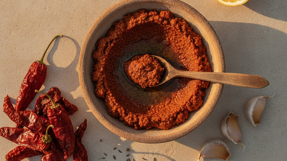 A shallow earthenware bowl of deep brick-red harissa glossed with olive oil, beside a heap of dried red chilies, garlic cloves and scattered caraway and coriander seed on a pale stone surface
