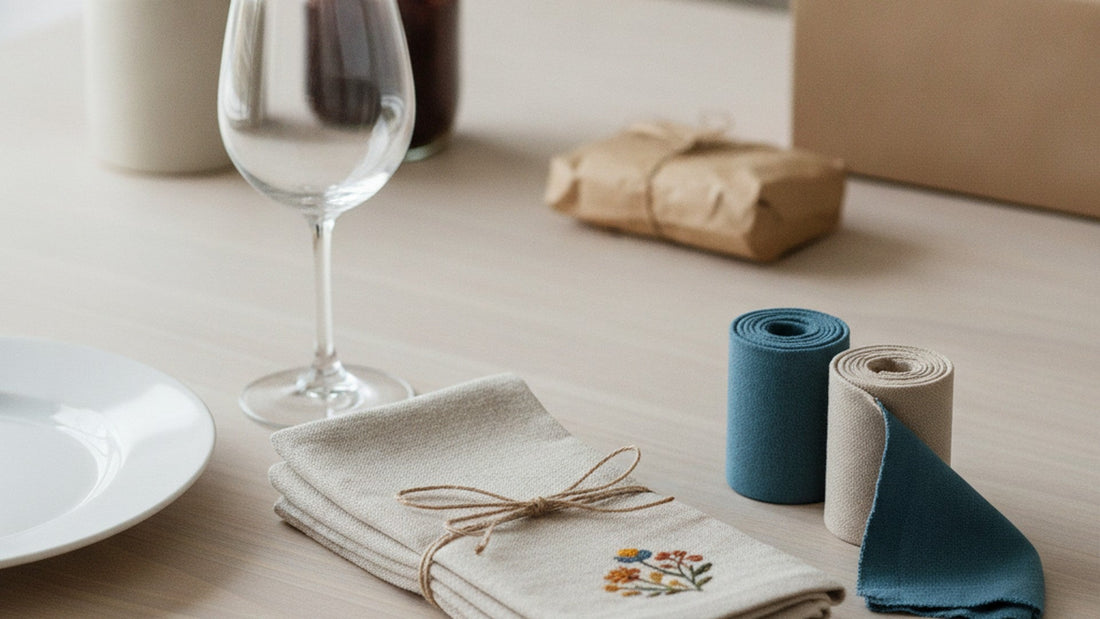 A stack of folded natural linen napkins tied with twine, embroidered in one corner with small flowers, beside a roll of blue cloth cocktail napkins, a roll of natural ones with a loose blue napkin, a wine glass, a white plate and a kraft parcel