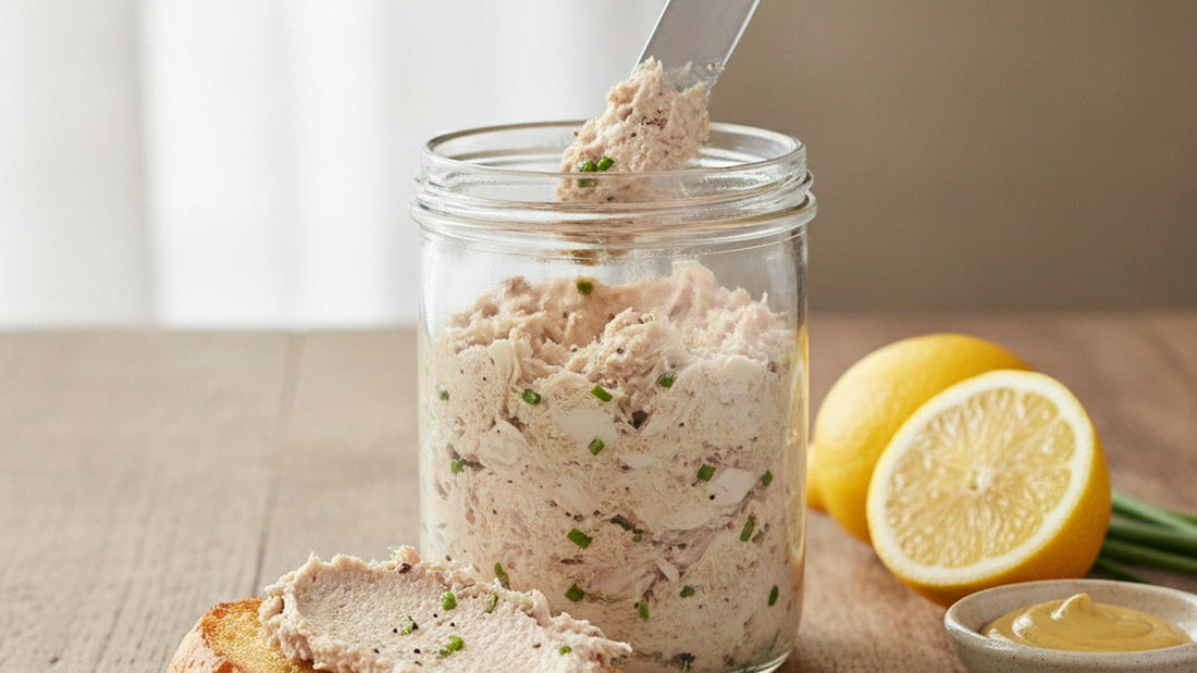 A small glass jar of pale, ragged mackerel rillettes with visible fork texture and flecks of chive, a knife spreading some onto a slice of toasted baguette, lemon and black pepper beside it
