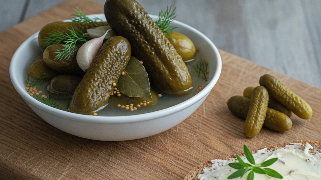 A shallow bowl of large, glossy green malossol cornichons in pale brine with dill fronds, a split garlic clove and a bay leaf, on a worn oak board beside a few small extra-fine cornichons