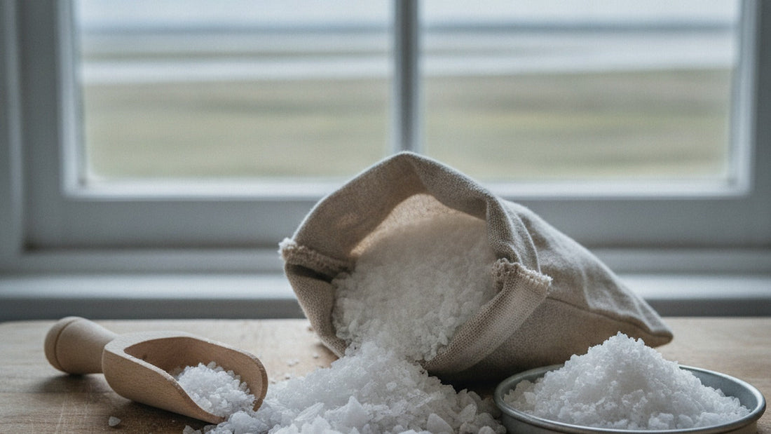 A small linen sack of Maldon flaky sea salt spilled onto a scrubbed pine board with a cluster of the hollow pyramid crystals in the foreground, a wooden salt shovel and a shallow tin bowl beside it, a chilled window behind showing a grey estuary sky...