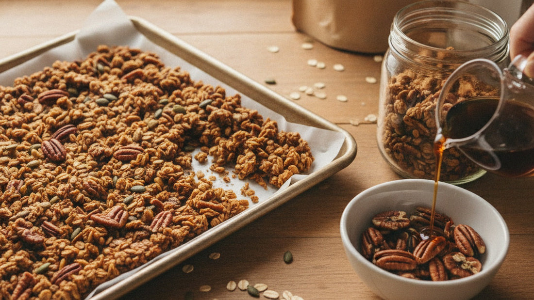 A rimmed sheet pan of deeply golden maple granola broken into large clusters, a jar half filled beside it, a small pitcher of dark maple syrup and a bowl of pecans in morning light