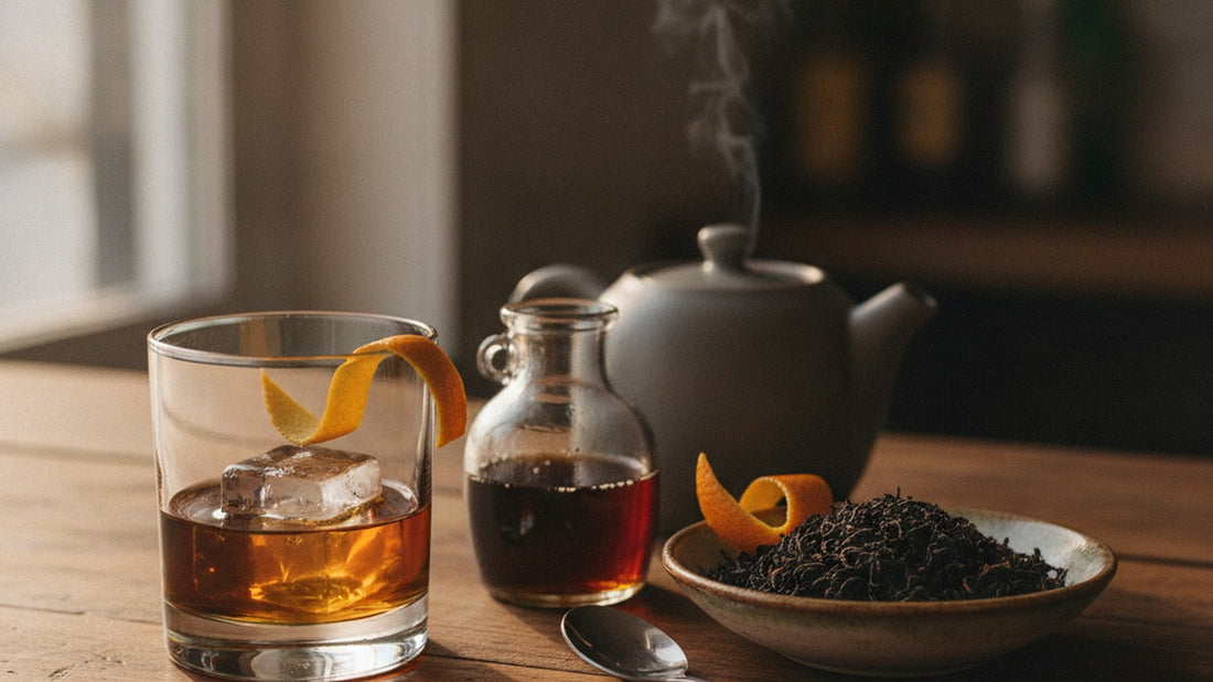 A rocks glass with one large clear ice cube and a deep amber drink, a twist of orange peel resting on the cube, a small pitcher of maple syrup and loose black tea leaves beside it