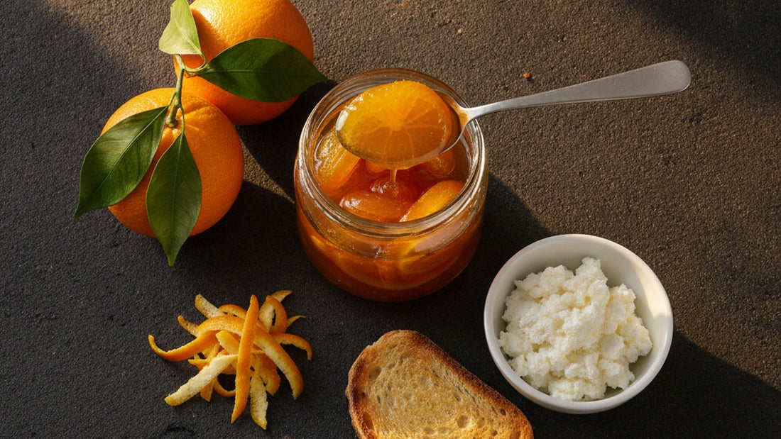 Open glass jar of whole candied orange slices in golden syrup with a spoon lifting one slice, surrounded by whole oranges with leaves, a bowl of fresh ricotta and hand-cut citrus peel on a dark stone surface