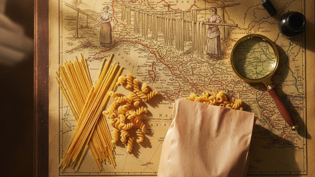 An old map of the Mediterranean with Sicily and Naples marked, a handful of dried spaghetti, a medieval-style illustration of pasta drying on racks and a modern bag of Gragnano pasta