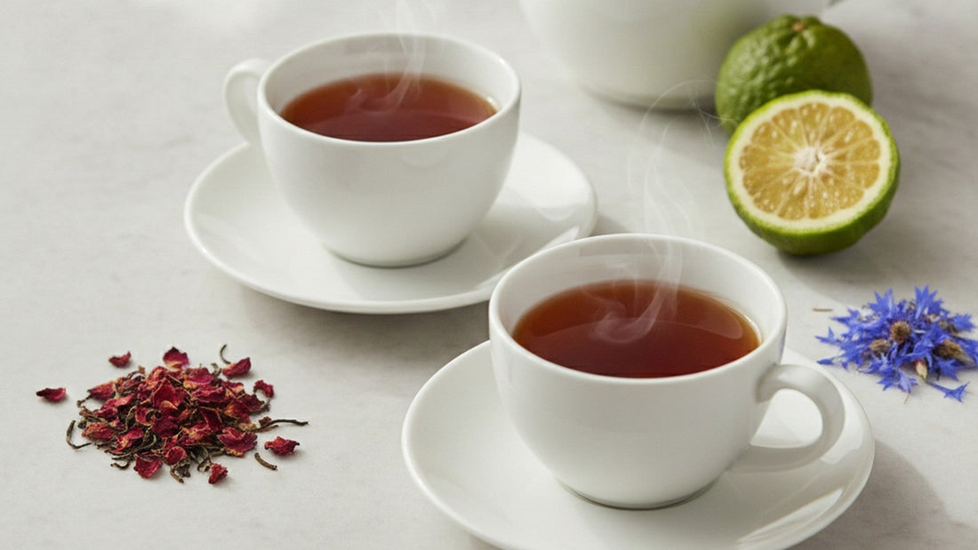 Two white porcelain cups of amber black tea side by side on a pale marble table, one beside a few dried red rose petals and the other beside a halved bergamot orange and blue cornflower petals