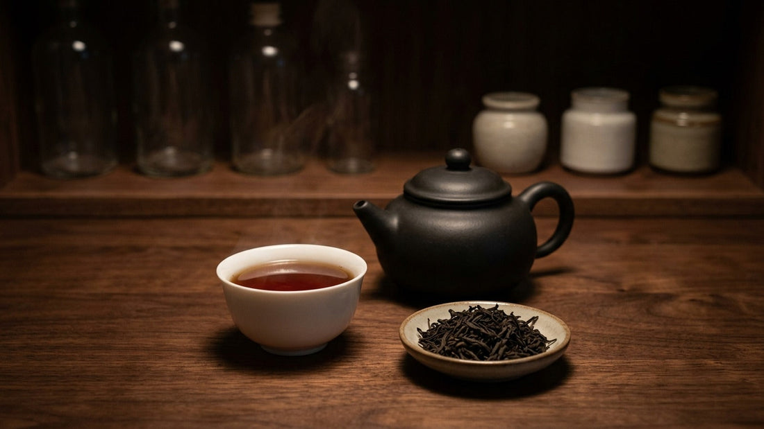 A cup of Mariage Frères Black Orchid black tea beside a black teapot and a dish of loose black tea leaves on dark wood in evening light
