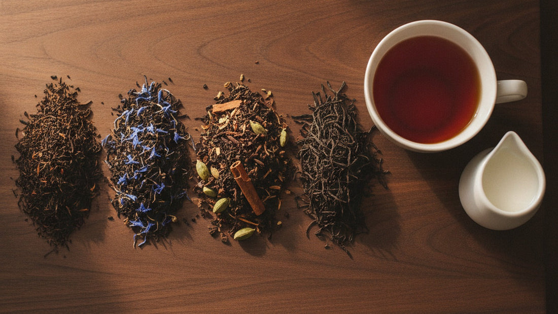 Four small heaps of loose black tea on a dark wooden board, one fine and dark, one flecked with blue petals, one with whole spices, one long and twisted, beside a cup of deep amber tea